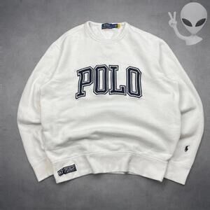 Polo Ralph Lauren Crewneck Sweater Medium White Spellout Embroidered Classsic